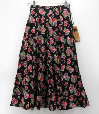 VINTAGE Carole Little Skirt Women 4 Black Maxi Floral Cottage Rayon Crepe NEW - Image 1 of 4