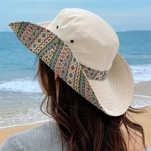 Western Boho Cowgirl Hat 2Way Embroidered Wide Brim Fisher Hicking Travel Sunhat - Picture 1 of 8
