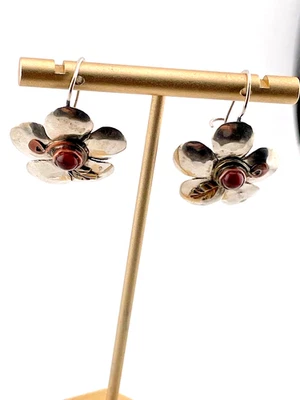 925 STERLING SILVER BRASS & COPPER & RED AMBER FLOWER DROP EARRINGS 1.25" 3632 - Image 1 of 4