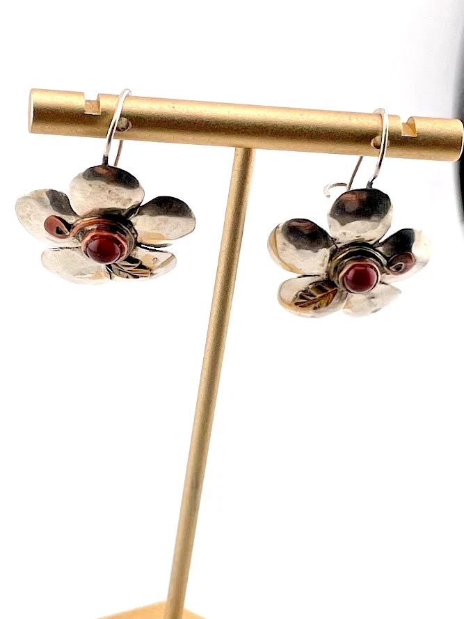925 STERLING SILVER BRASS & COPPER & RED AMBER FLOWER DROP EARRINGS 1.25" 3632 - Image 1 of 4