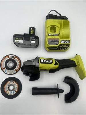 Ryobi One+ HP 18 В бесщеточный беспроводной 4 1/2 дюйма Угловая шлифовальная машина с аккумулятором 4 Ач HP - Изображение 1 из 4