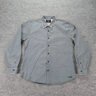 Guess Shirt Mens Large Black Gray Geometric Button Up Long Sleeve Slim Fit - Image 1 of 4