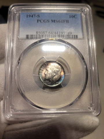 1947-S Blue Toned Roosevelt Dime PCGS MS 64 FB Cover