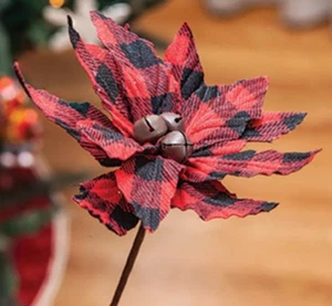 Buffalo Check Jingle Bell Poinsettia Stem 7", Small Buffalo Check Poinsettia - Picture 1 of 2