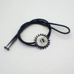 Zuni Sun Face Bolo Tie Sterling Silver Inlay Gems Leather - Picture 1 of 4