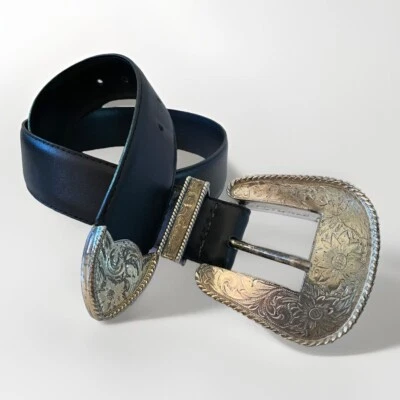 复古西部黑色皮革腰带 S (24 英寸 - 28 英寸) 工具纯银镀扣 — 第 1/4 张图片