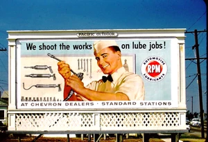 1957 35mm Slide~KODACHROME RED BORDER CHEVRON GAS STATION STANDARD BILLBOARD - Picture 1 of 3