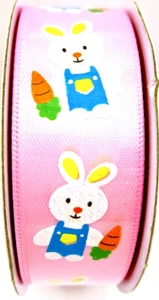 Easter Bunnies Ribbon,Pink,Bunnies in Overalls holding Carrot,Jo-ann's,7/8"x9ft. - Picture 1 of 2