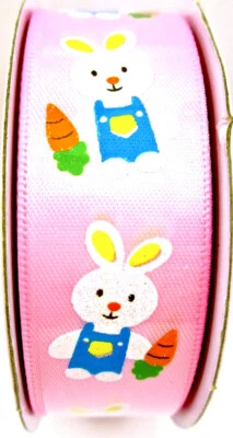 Easter Bunnies Ribbon,Pink,Bunnies in Overalls holding Carrot,Jo-ann's,7/8"x9ft. - Image 1 of 2