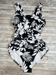 NWT LANDS END One-piece Swimsuit Bathing Suit Sz S High Neck Black White UPF 50 - Picture 1 of 12