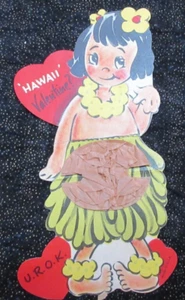 Tarjeta de San Valentín troquelada vintage de EE. UU. BAILARINA DE HULA HAWAIANA - U.R.O.K. Nido de abeja - Imagen 1 de 4