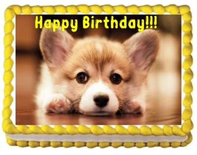 Hoja de glaseado comestible con imagen de cumpleaños de perro cachorro Corgi Foto 1 de 2