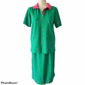 Quacker Factory Pink and Green Pineapple Skirt Set Vintage Preppy Classic Polo  - Picture 1 of 10