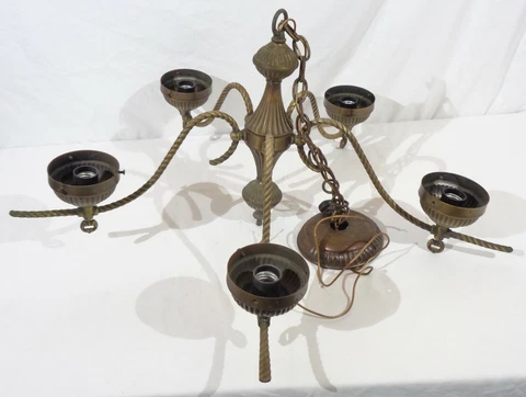Vintage Antique Brass & Tin Metal Chandelier Ceiling Lamp Hanging Fixture, 5 Arm Cover