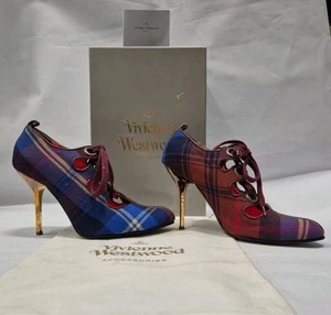 Vivienne Westwood SHOES GILLE FABRIC HIGH FRONTS EU39 UK6 bue check stiletto - Picture 1 of 24