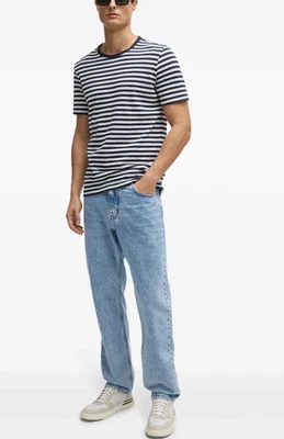 NEW! HUGO BOSS MEN'S Pure Linen Regular-fit T-shirt Blue Stripe MEDIUM CLASSIC - Image 1 of 4