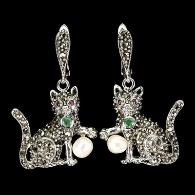 925 Sterling Silver Earrings Round Emerald Ruby Pearl Marcasite Gemstone Jewelry - Image 1 of 4