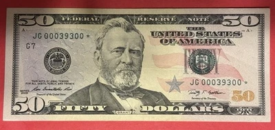 50 dollar star note 2009 Unique Serial Number JG 00039300* nearly uncirculated - Image 1 of 2
