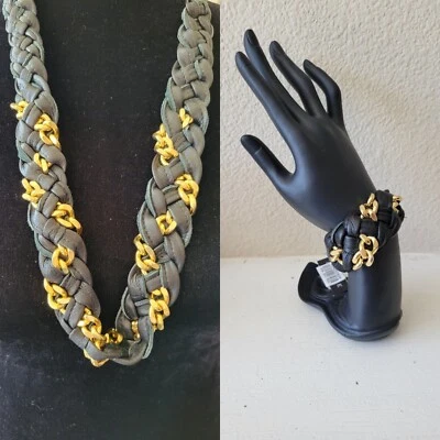 NEW CC Skye Braided Black Leather Gold Chunky Chain Necklace & Bracelet Set NWT - Image 1 of 4