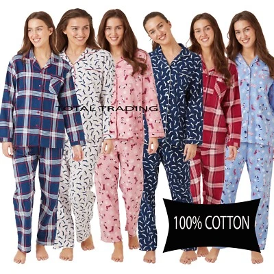 Ladies  Pyjamas 100% Cotton Womens brushed  Nightwear PJs Set - Image 1 of 4