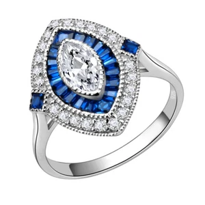 Anillo de compromiso ovalado de plata de ley 925 con espinela azul circonita cúbica - Imagen 1 de 4