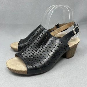 Josef Seibel Women 9-9.5 Black Comfort Sandal Sling Back Lazer Cut Leather Heel - Picture 1 of 13