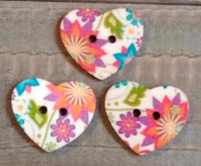 3 Flower Heart Sewing Buttons Crafting Wood 2 Hole  1"  - Image 1 of 2