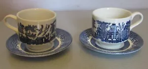 Vintage Blue Willow Cup Saucer Sets 2 Churchill England coffee teacup pair 4P - Picture 1 of 5