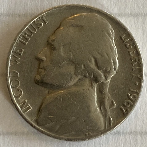 1967 Nickel Jefferson No Mint Mark Circulated Condition Initials under Bust Cover