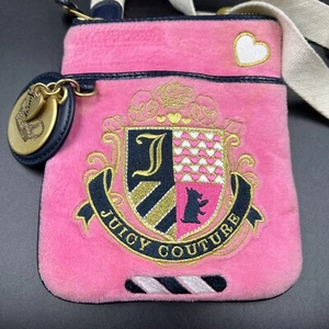 Juicy Couture small embroidered crossbody purse pink velour w/blue trim & charms - Picture 1 of 10