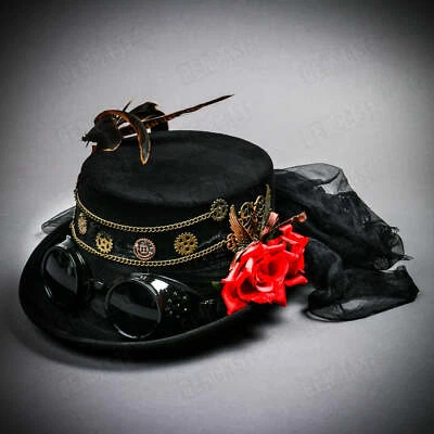 Black Steampunk Rose Lace SEXY Goggles Women Feather Top Hat Party Head Gear - Image 1 of 4