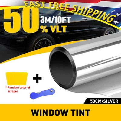 NUEVO Tinte de película para ventana enrollable plateado VLT 10 pies 50 % sin cortar 20" x 10 pies para vidrio de hogar de automóvil Foto 1 de 4