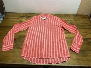 MICHAEL KORS Pink Red Linen Striped Shirt M Medium Slim Fit NWT - Picture 1 of 11