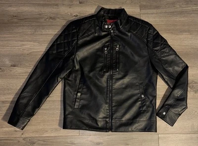 Guess Solid Black Full Zip Quilt Padded Leather Biker Jacket Mens M Medium - Image 1 of 4