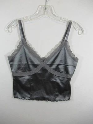 Divided Shiny Satin Cropped Camisole Women Medium Silver Lace Trim Stretch - Image 1 of 4