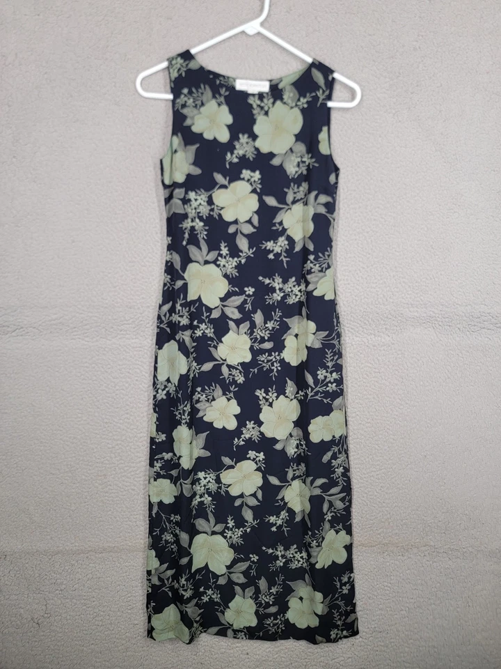 Vestido Vaina Floral Vintage Años 90 Seda Talla 0 Pequeño Sofisticado Cuello Barco Azul Foto 1 de 4
