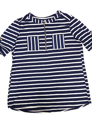 PerSeption Concept Women's XL Navy/Tan Stripe 1/4 zip Short Sleeve pockets - Image 1 of 4