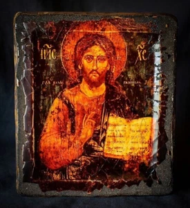 Icon `Christ Pantocrator` Handcrafted Wooden Religious Collectible Artwork - Picture 1 of 8
