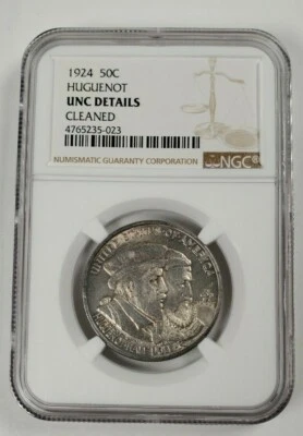 1924 US Huguenot 50 Cents NGC UNC Details Cleaned - Image 1 of 2