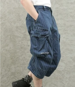 Summer indigo Curved Blade Pants Men's Cargo Shorts Vintage Casual Short Pants - Picture 1 of 17