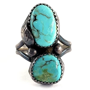 Vintage 900 90% COIN Silver Ring Size 9.75 Turquoise Navajo Native Sterling Leaf - Picture 1 of 9