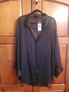 Torrid Chiffon And Satin Button Up Blouse Deep Black 5X 28 Long Sleeves NWT - Picture 1 of 9