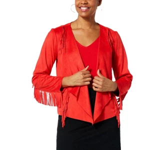 Country Western Red Fringe Jacket Sz M Faux Suede Mothers Day Colleen Lopez New - Picture 1 of 2