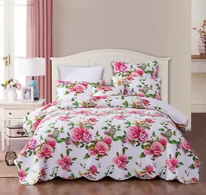 DaDa Bedding Romantic Roses Spring Pink Valentine Scalloped Floral Bedspread Set - Picture 1 of 14