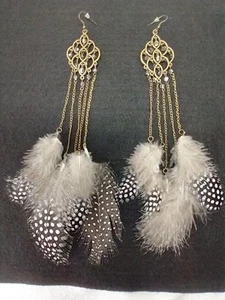 Feather Earrings Guinea Fowl W/"Chandelier" Tops NEW Brown White Brass Color - Picture 1 of 8