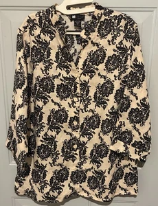 Carole Little Blouse Womens Size 1X Beige Black 100% Linen Button Up 3/4 Sleeve - Picture 1 of 7