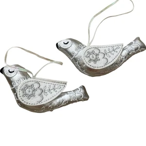 2 Set Target Wondershop Fabric Embroidered Doves Christmas Ornament Silver 5” - Picture 1 of 4