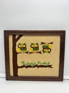 Vintage Framed Needlepoint Art Piece Three Owls Nobody's Perfect - Picture 1 of 8