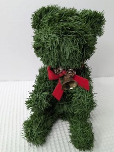 Vintage Christmas Faux Evergreen Bear Figure Red Velvet Bow Pine Cone Bell 8" - Picture 1 of 9