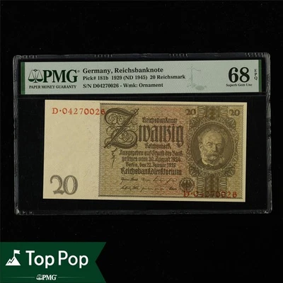 1929 Germany Reichsbanknote 20 Reichsmark Pick#181b PMG 68 EPQ UNC Top Pop - Image 1 of 4